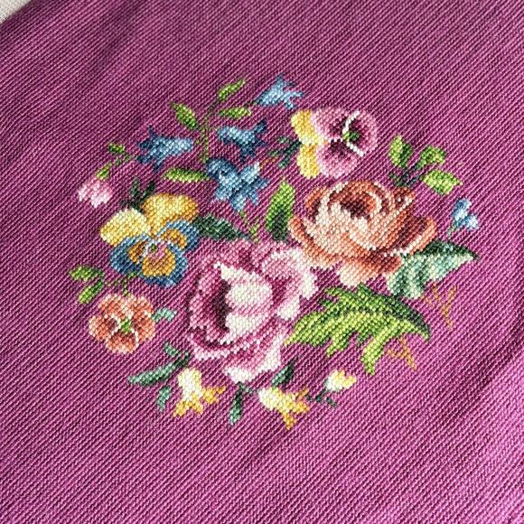Vtg Completed Needlepoint Petit Point Floral Victorian Burgundy Diamond 18X18.5” - Picture 1 of 5